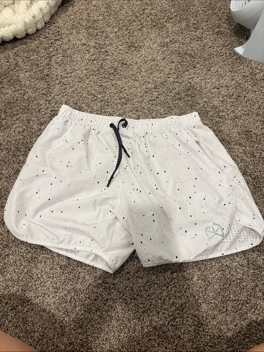White Speckled Mens Athletic Shorts with Black Drawstring
